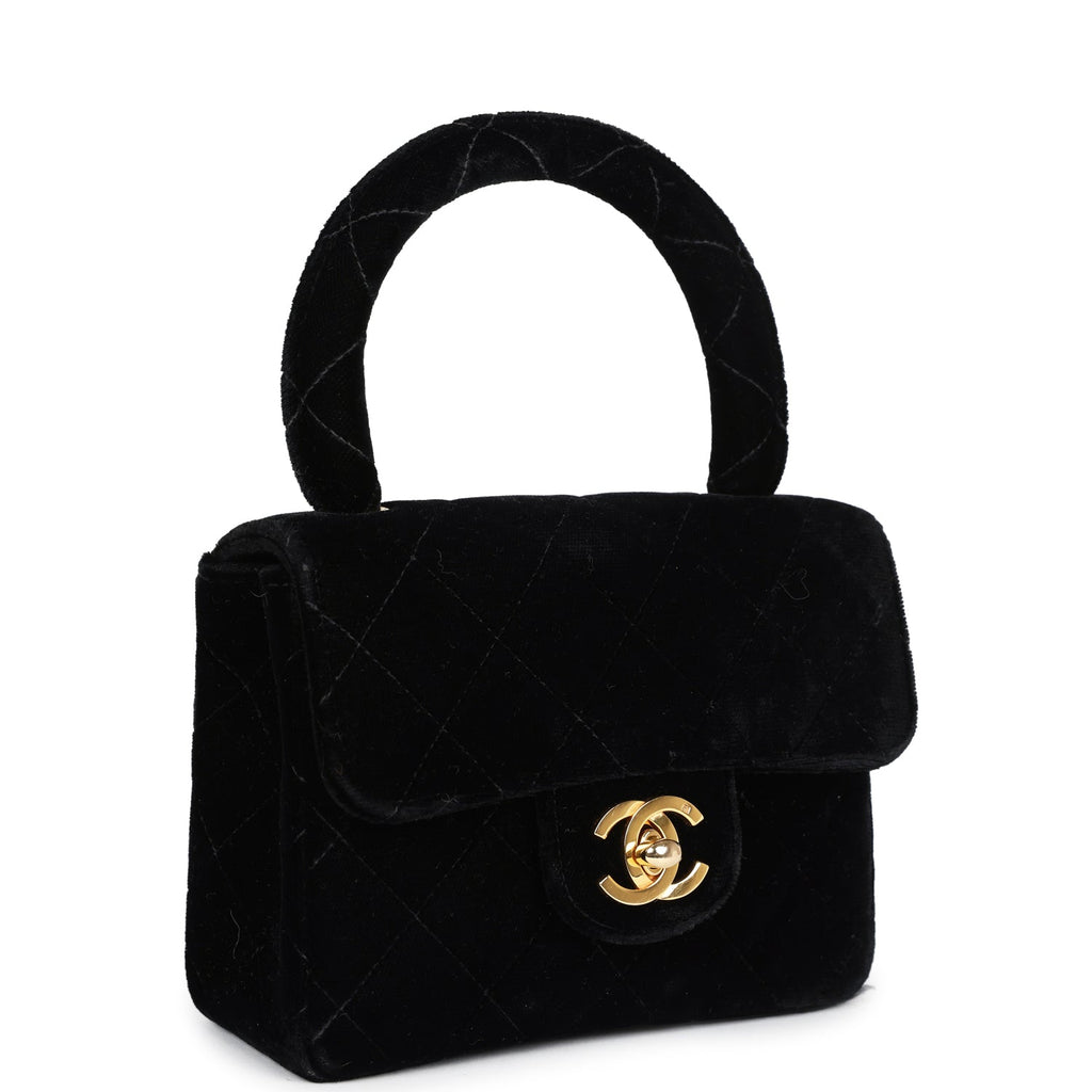 New Chanel Micro Kelly Child Flap Bag Black Velvet Gold Hardware
