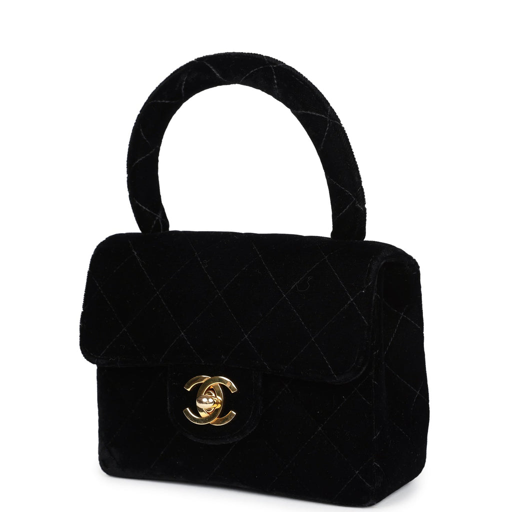 New Chanel Micro Kelly Child Flap Bag Black Velvet Gold Hardware