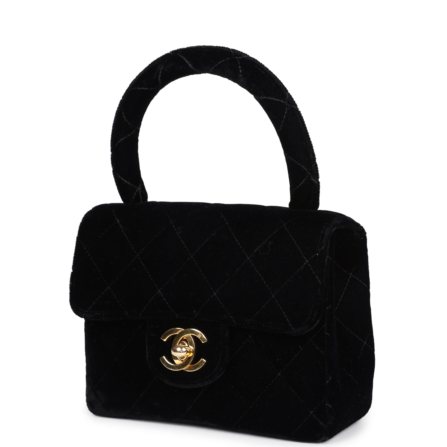 New Chanel Micro Kelly Child Flap Bag Black Velvet Gold Hardware