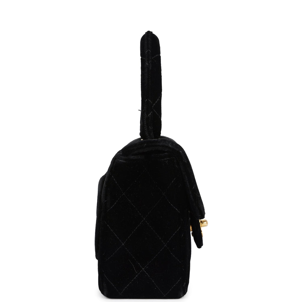 New Chanel Micro Kelly Child Flap Bag Black Velvet Gold Hardware