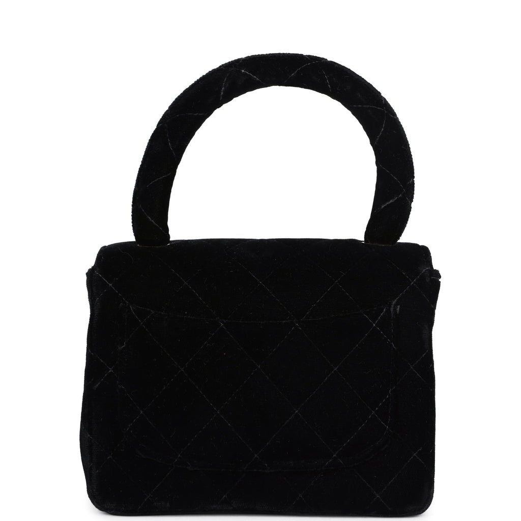New Chanel Micro Kelly Child Flap Bag Black Velvet Gold Hardware