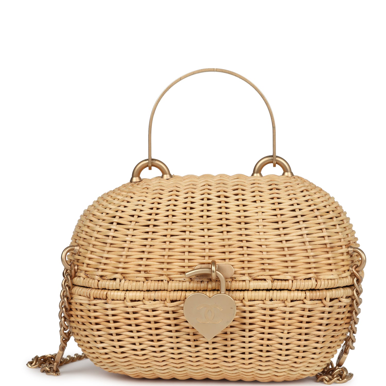 Vintage Chanel Small Heart Lock Basket Bag Natural Wicker Brushed Gold Hardware