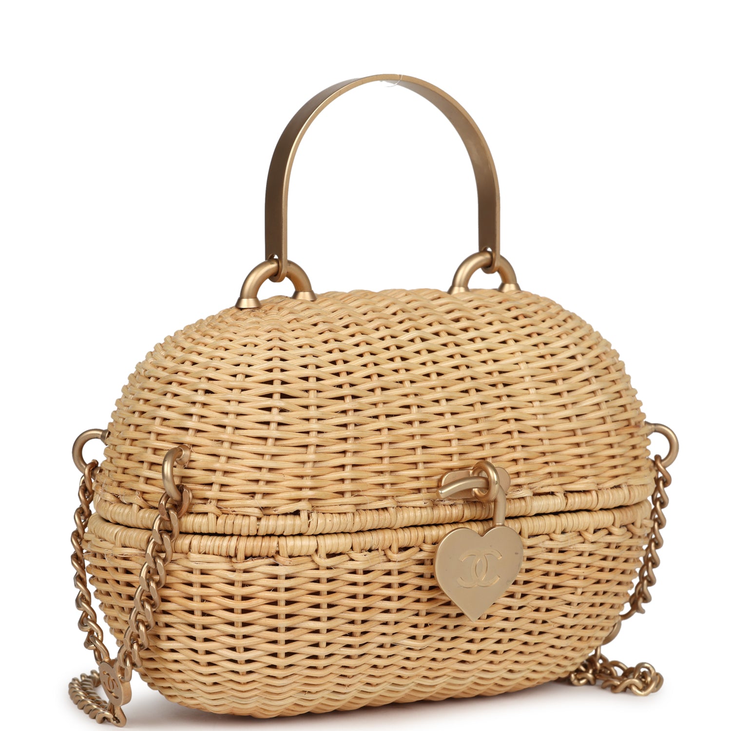 Vintage Chanel Small Heart Lock Basket Bag Natural Wicker Brushed Gold Hardware