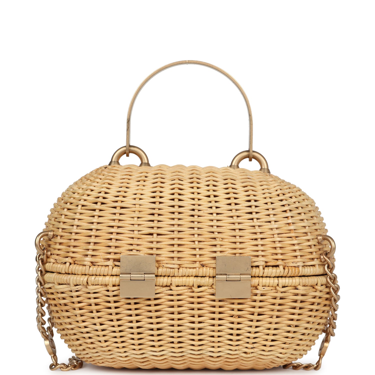Vintage Chanel Small Heart Lock Basket Bag Natural Wicker Brushed Gold Hardware