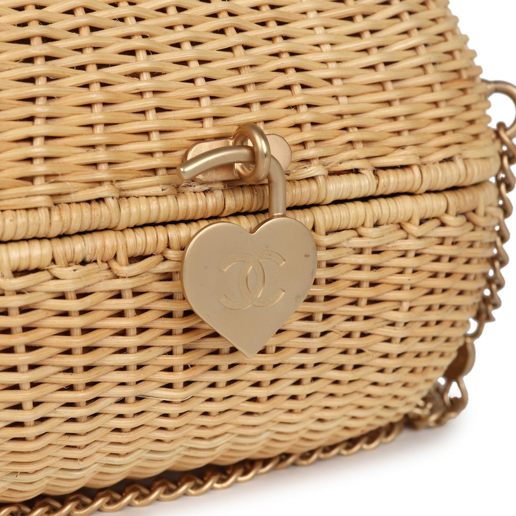 Vintage Chanel Small Heart Lock Basket Bag Natural Wicker Brushed Gold Hardware