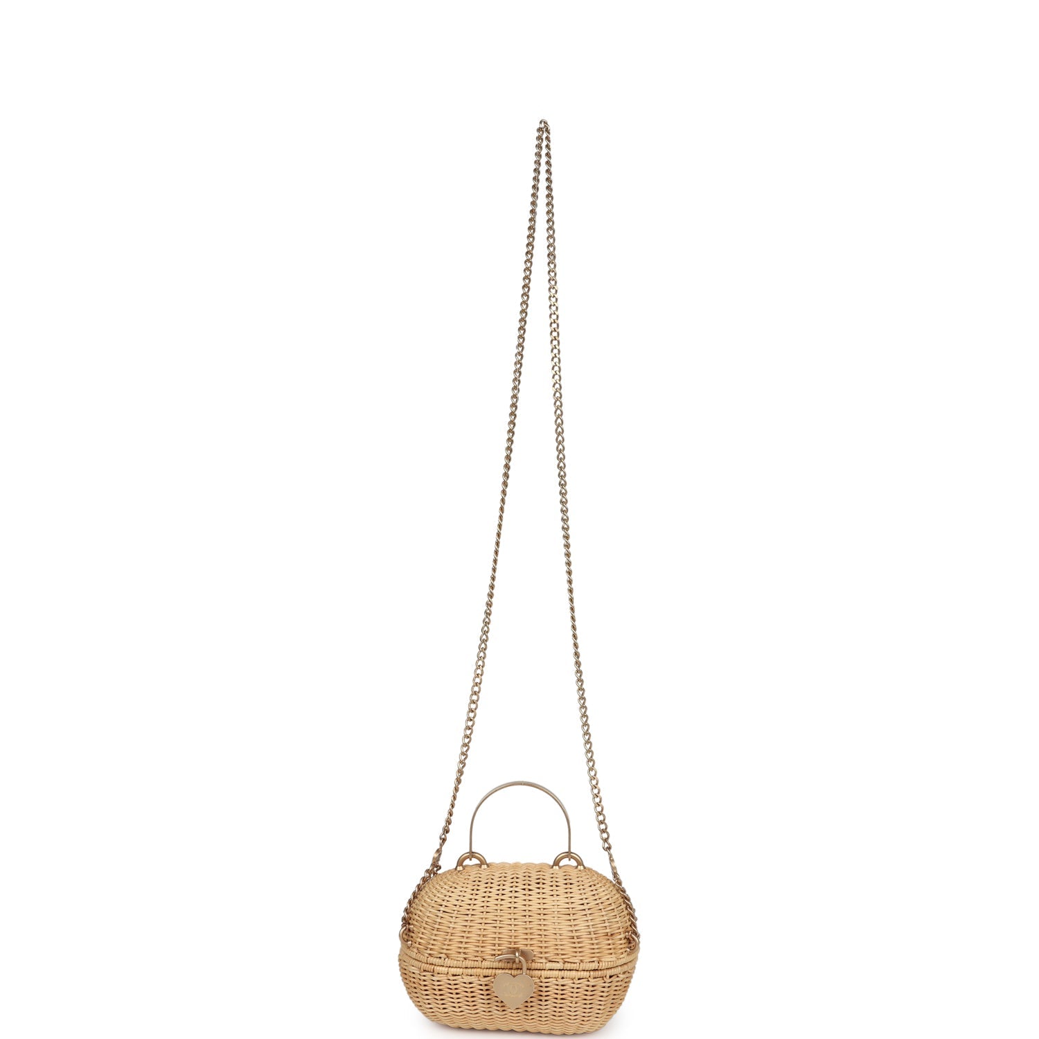 Vintage Chanel Small Heart Lock Basket Bag Natural Wicker Brushed Gold Hardware