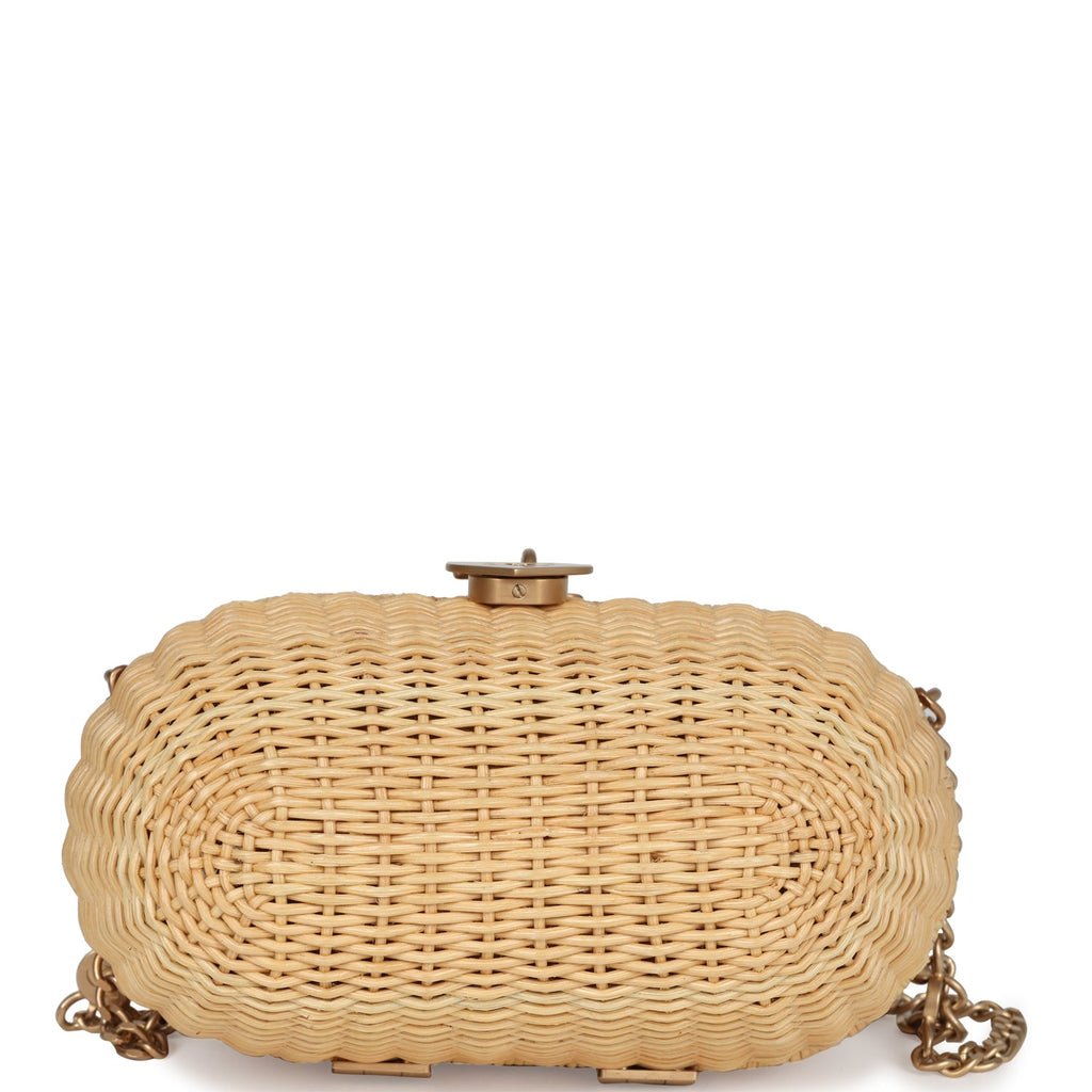 Vintage Chanel Small Heart Lock Basket Bag Natural Wicker Brushed Gold Hardware