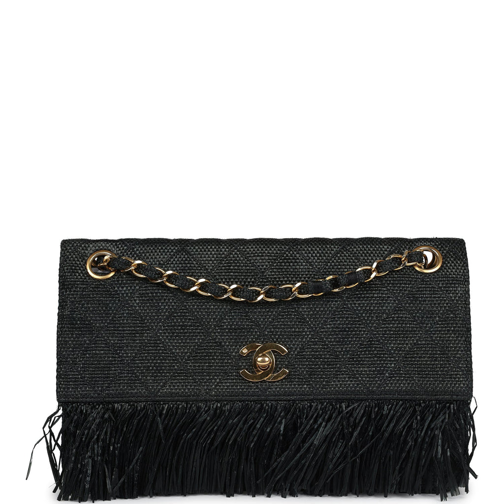 New Chanel Quilted Fringe Single Flap Bag Black Raffia Gold Hardware