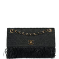 New Chanel Quilted Fringe Single Flap Bag Black Raffia Gold Hardware
