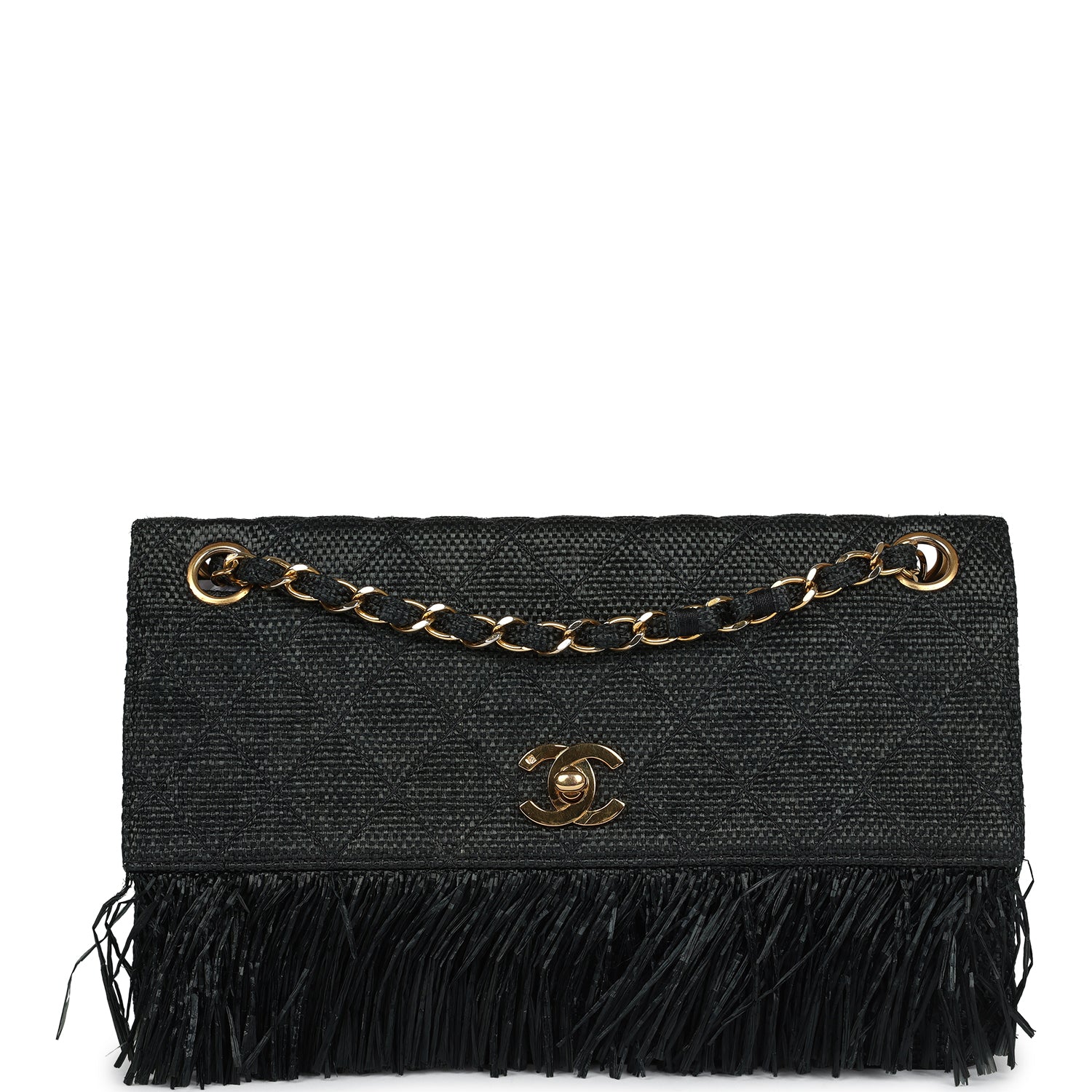 New Chanel Quilted Fringe Single Flap Bag Black Raffia Gold Hardware