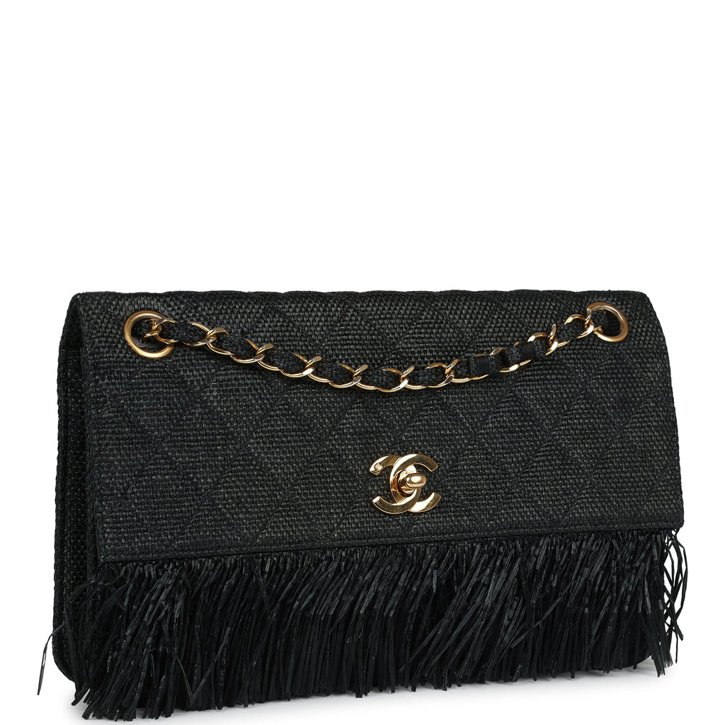 New Chanel Quilted Fringe Single Flap Bag Black Raffia Gold Hardware