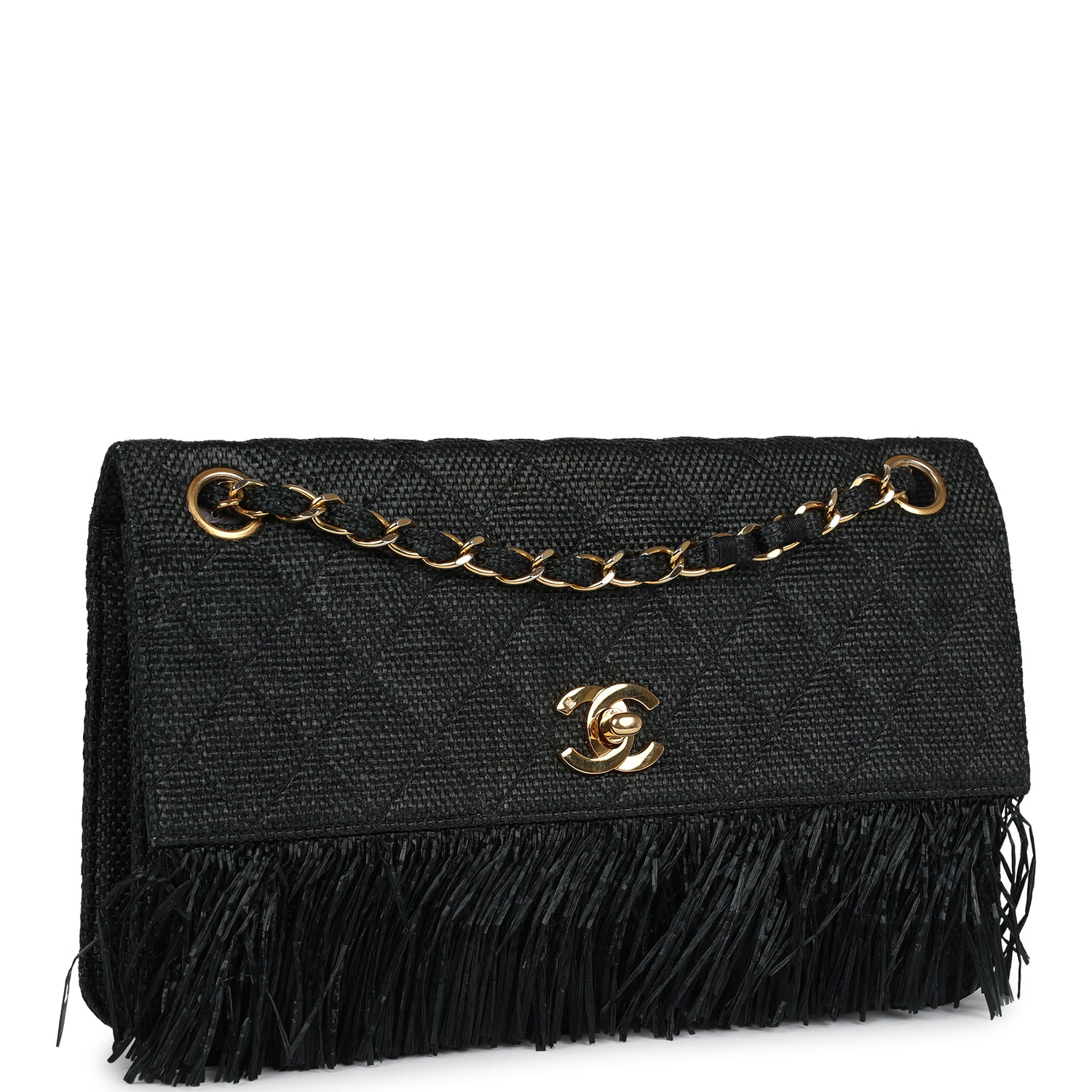 New Chanel Quilted Fringe Single Flap Bag Black Raffia Gold Hardware