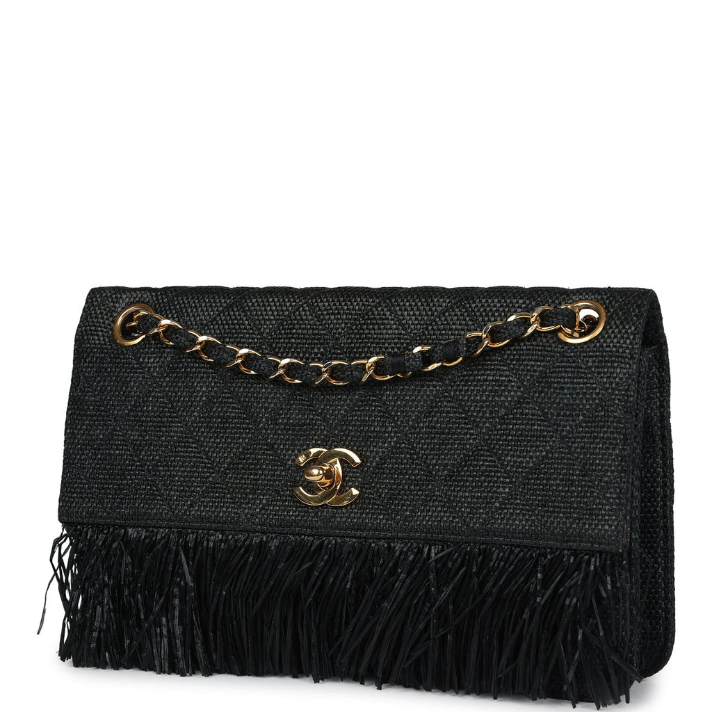 New Chanel Quilted Fringe Single Flap Bag Black Raffia Gold Hardware