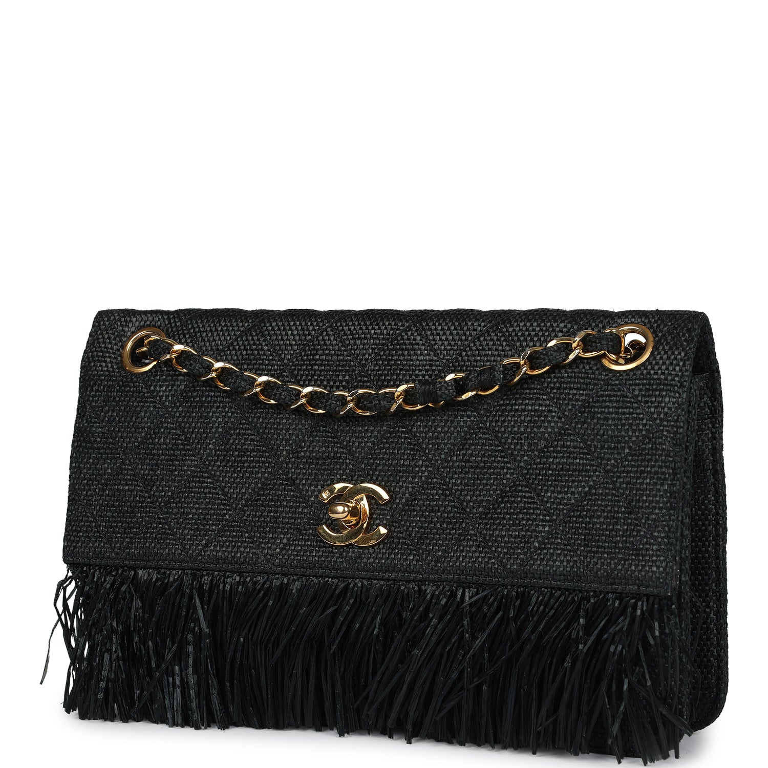 New Chanel Quilted Fringe Single Flap Bag Black Raffia Gold Hardware