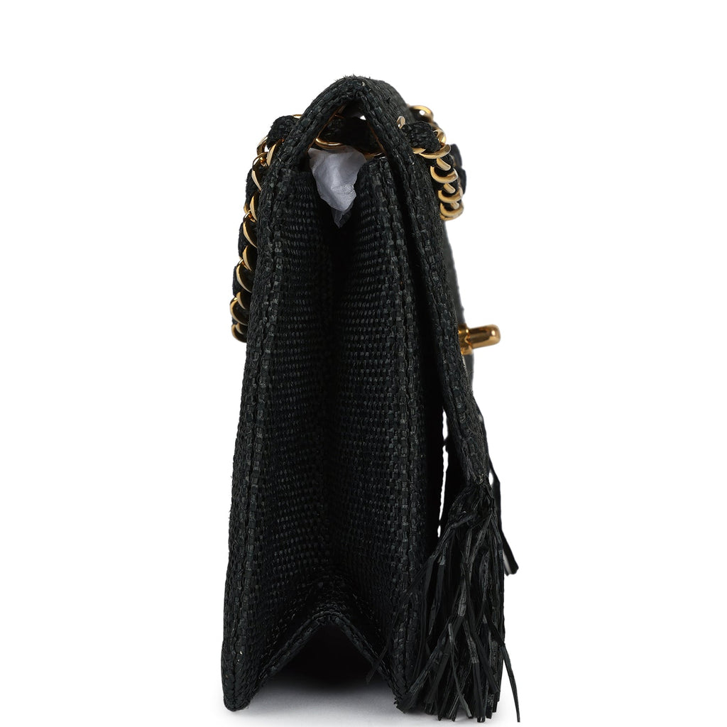 New Chanel Quilted Fringe Single Flap Bag Black Raffia Gold Hardware