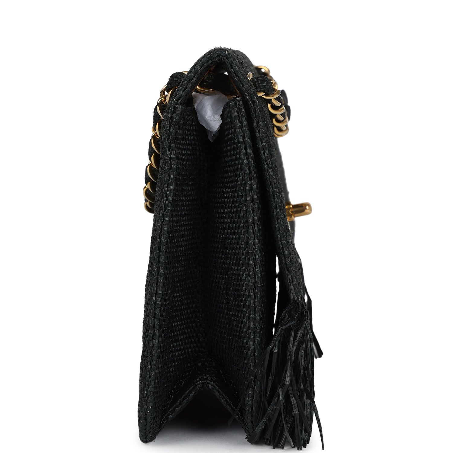 New Chanel Quilted Fringe Single Flap Bag Black Raffia Gold Hardware