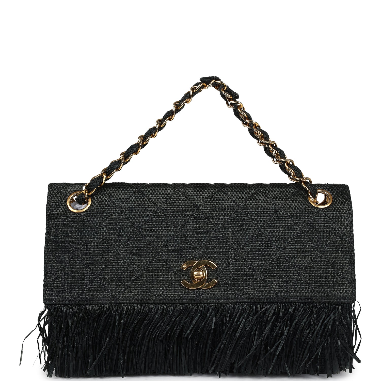 New Chanel Quilted Fringe Single Flap Bag Black Raffia Gold Hardware