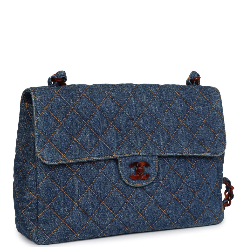 Vintage Chanel Jumbo Classic Single Flap Bag Blue Denim Tortoiseshell Bakelite Hardware