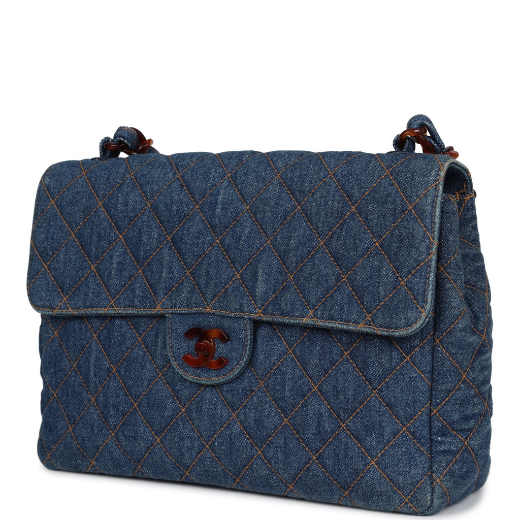 Vintage Chanel Jumbo Classic Single Flap Bag Blue Denim Tortoiseshell Bakelite Hardware