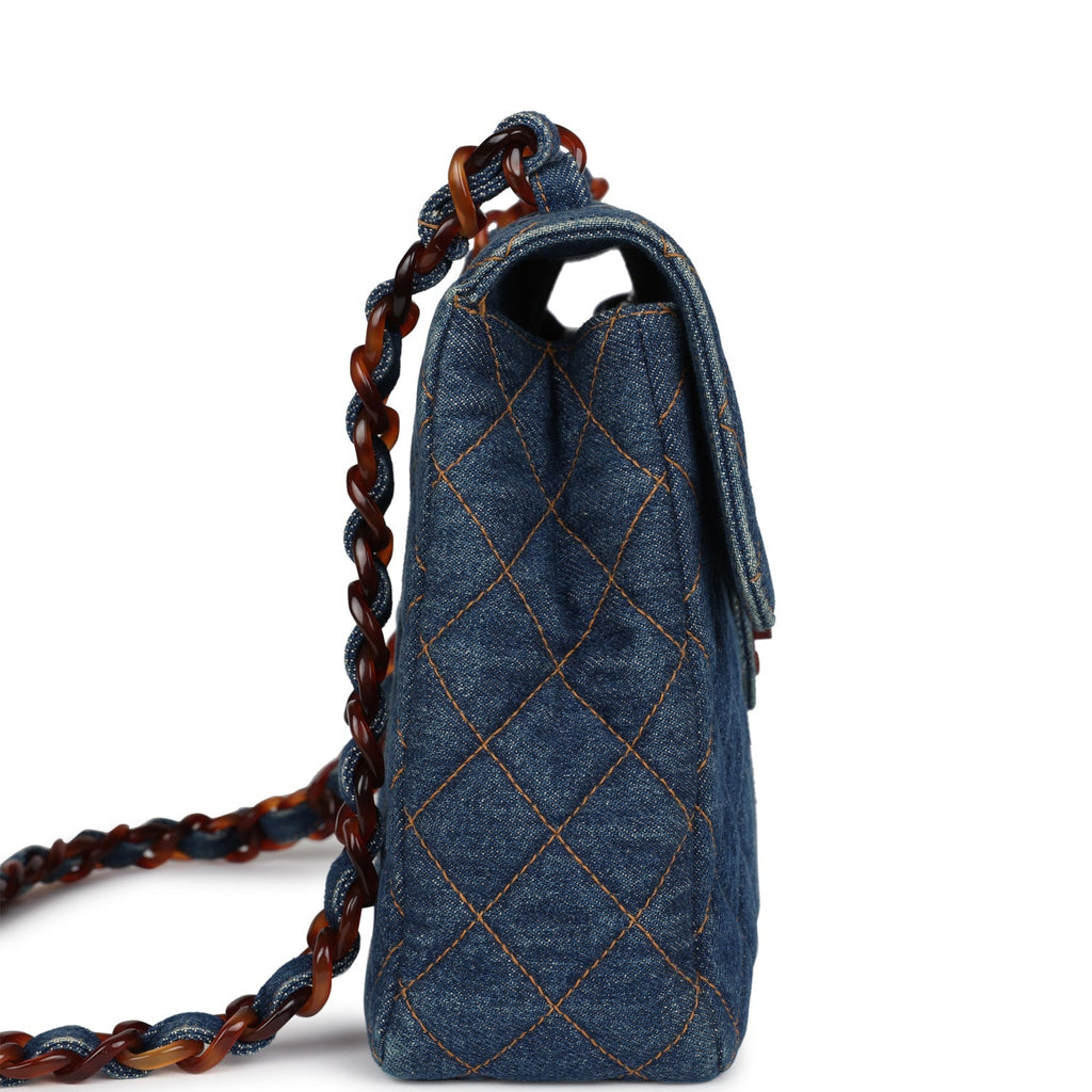 Vintage Chanel Jumbo Classic Single Flap Bag Blue Denim Tortoiseshell Bakelite Hardware