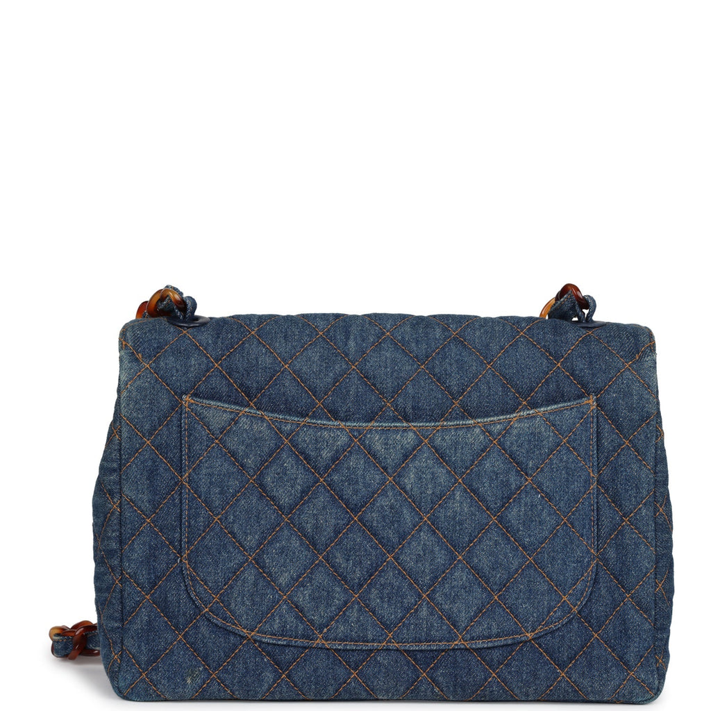 Vintage Chanel Jumbo Classic Single Flap Bag Blue Denim Tortoiseshell Bakelite Hardware
