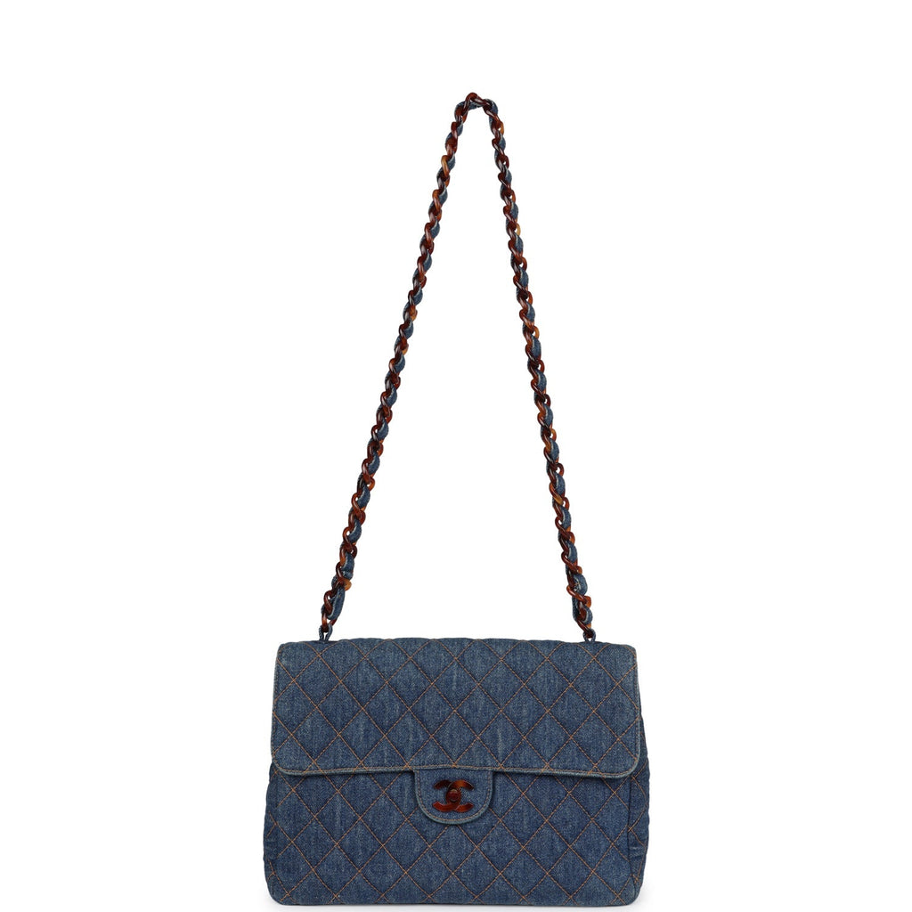 Vintage Chanel Jumbo Classic Single Flap Bag Blue Denim Tortoiseshell Bakelite Hardware