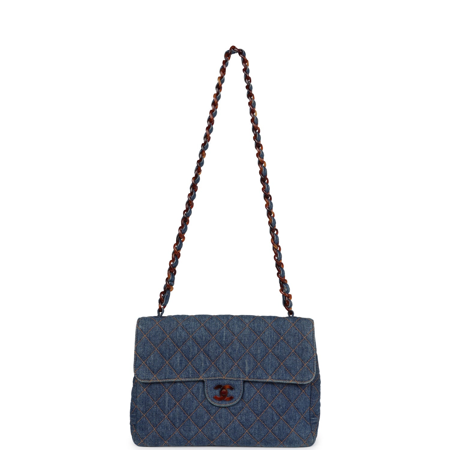 Vintage Chanel Jumbo Classic Single Flap Bag Blue Denim Tortoiseshell Bakelite Hardware