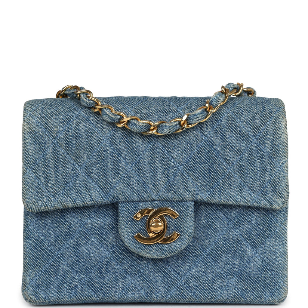 New Chanel Mini Square Flap Bag Blue Denim Gold Hardware