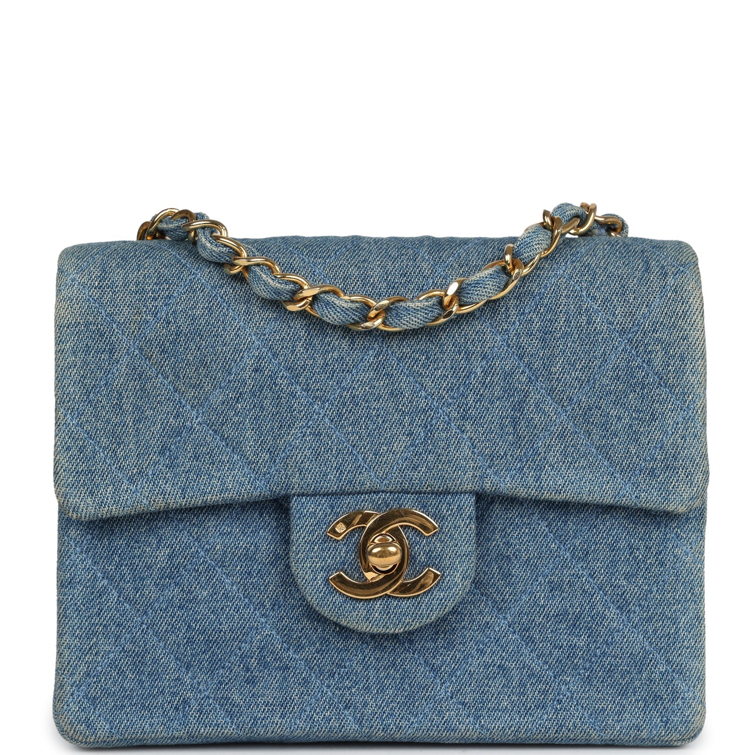 New Chanel Mini Square Flap Bag Blue Denim Gold Hardware