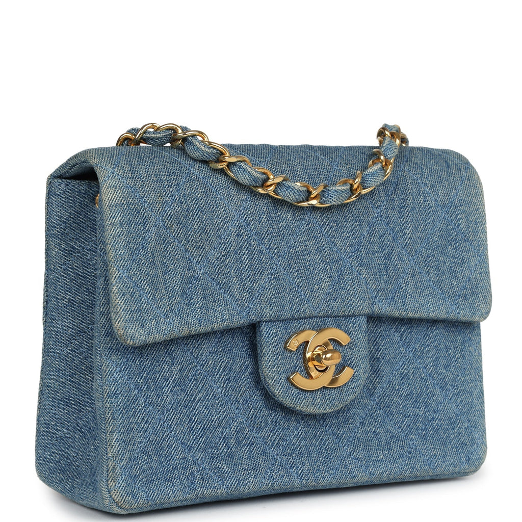 New Chanel Mini Square Flap Bag Blue Denim Gold Hardware