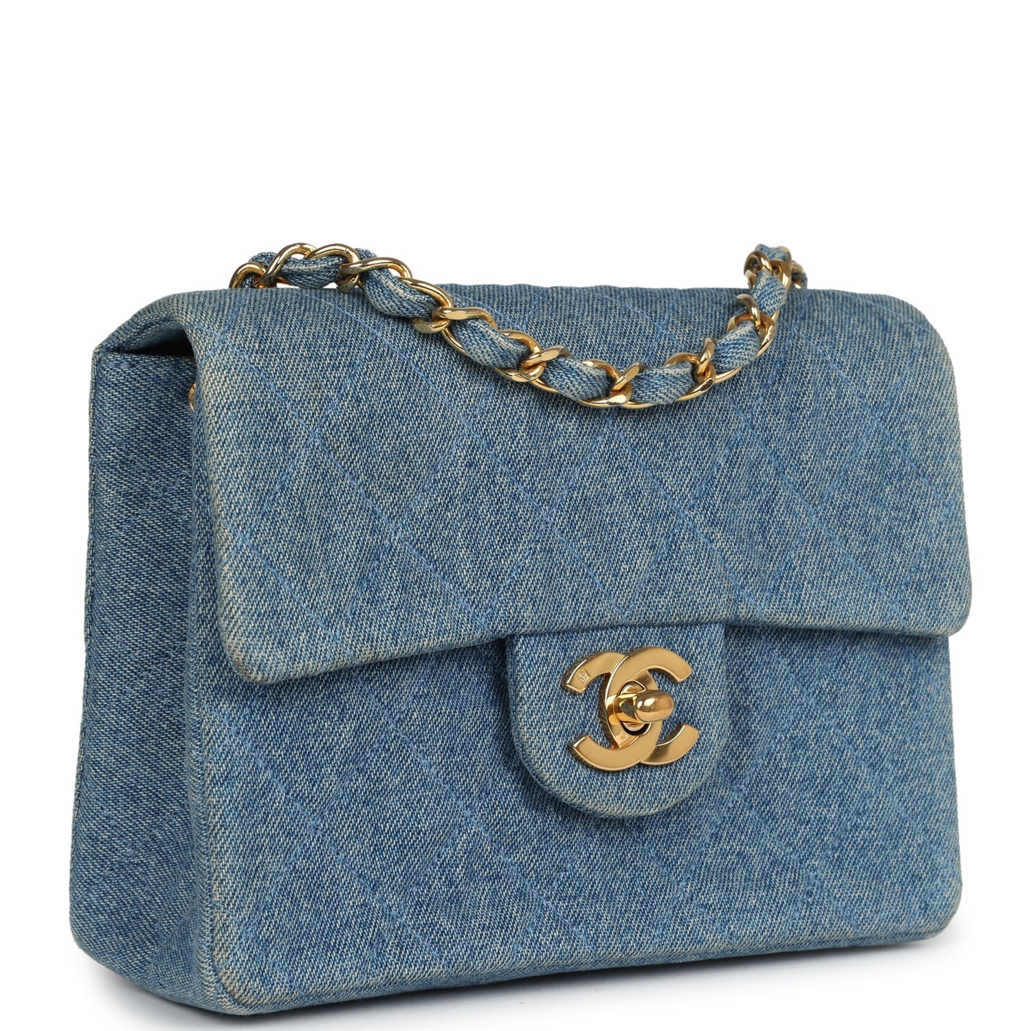 New Chanel Mini Square Flap Bag Blue Denim Gold Hardware