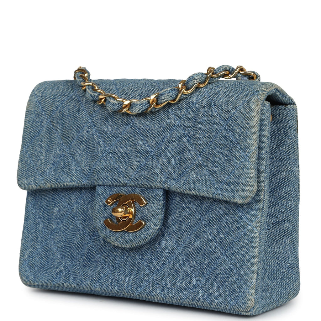 New Chanel Mini Square Flap Bag Blue Denim Gold Hardware