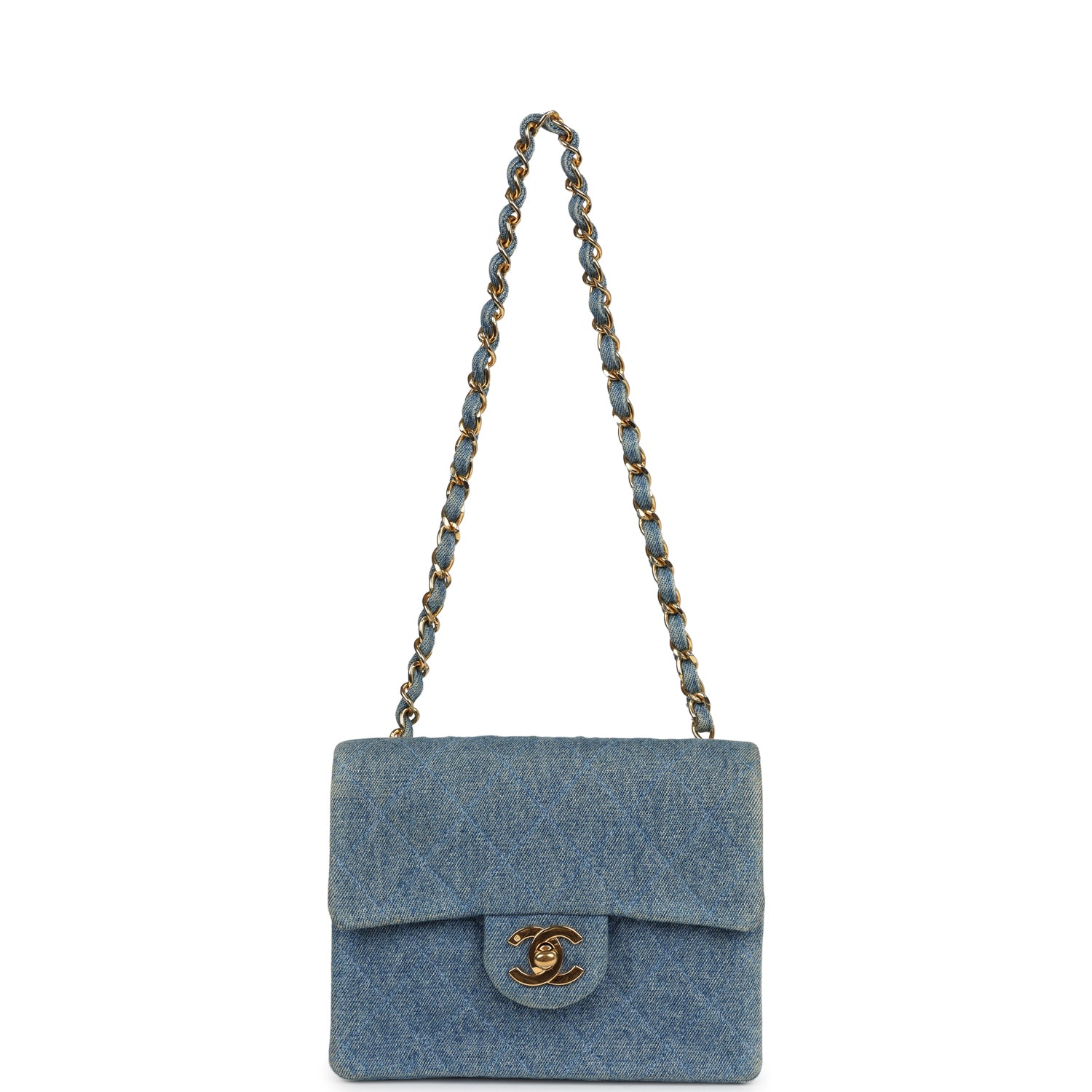 New Chanel Mini Square Flap Bag Blue Denim Gold Hardware