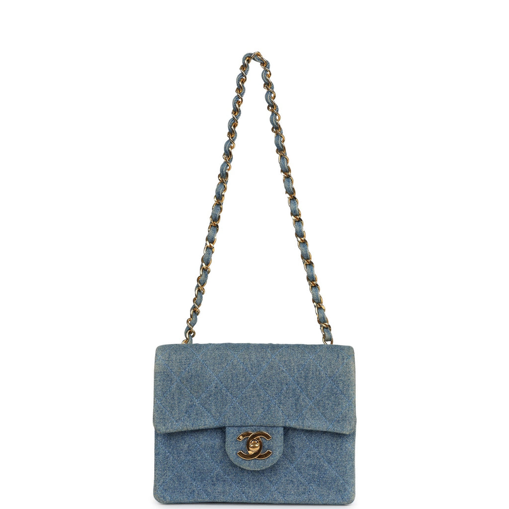 Vintage Chanel Mini Square Flap Bag Blue Denim Gold Hardware