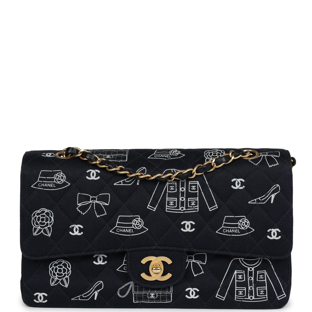 New Chanel Medium Icon Print Double Flap Bag Navy Canvas Brushed Gold Hardware