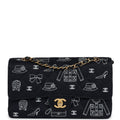 New Chanel Medium Icon Print Double Flap Bag Navy Canvas Brushed Gold Hardware