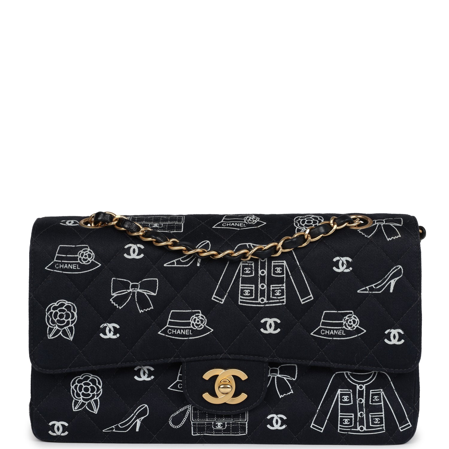 New Chanel Medium Icon Print Double Flap Bag Navy Canvas Brushed Gold Hardware