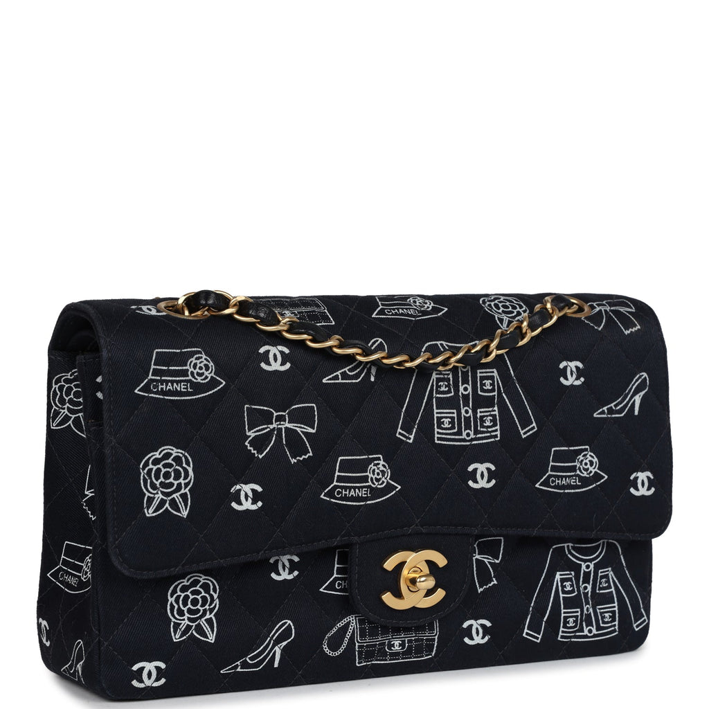 New Chanel Medium Icon Print Double Flap Bag Navy Canvas Brushed Gold Hardware