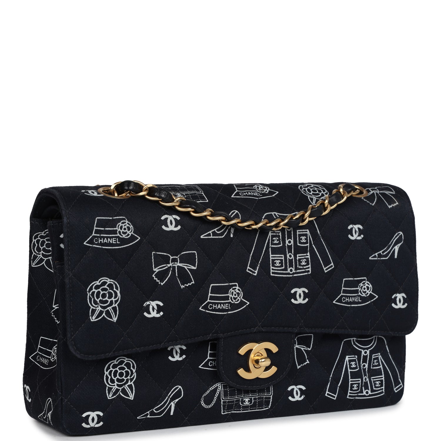 New Chanel Medium Icon Print Double Flap Bag Navy Canvas Brushed Gold Hardware