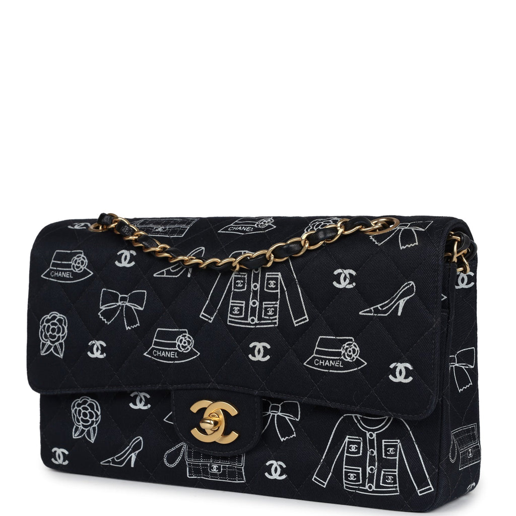 New Chanel Medium Icon Print Double Flap Bag Navy Canvas Brushed Gold Hardware