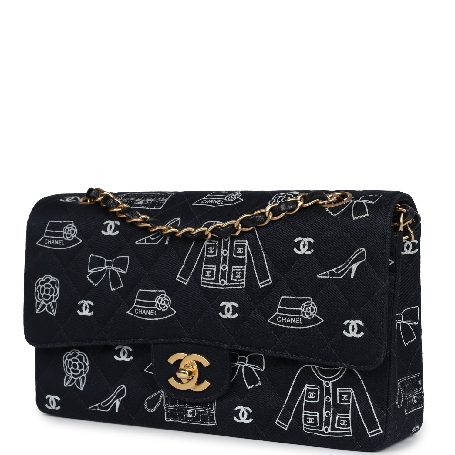 New Chanel Medium Icon Print Double Flap Bag Navy Canvas Brushed Gold Hardware