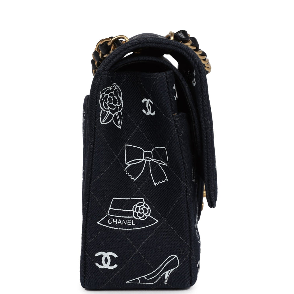 New Chanel Medium Icon Print Double Flap Bag Navy Canvas Brushed Gold Hardware