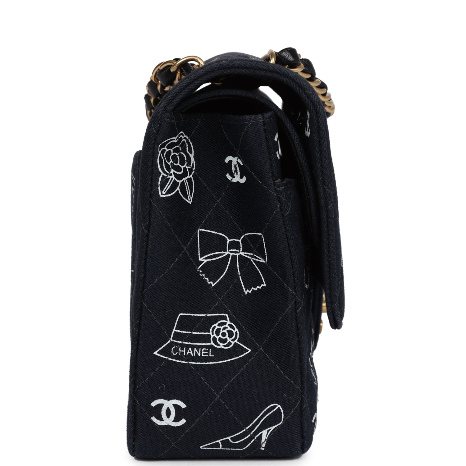New Chanel Medium Icon Print Double Flap Bag Navy Canvas Brushed Gold Hardware
