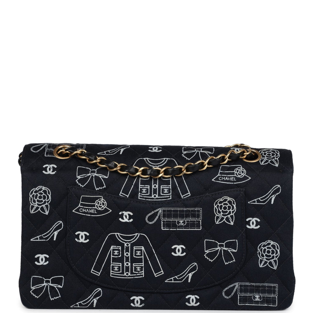 New Chanel Medium Icon Print Double Flap Bag Navy Canvas Brushed Gold Hardware