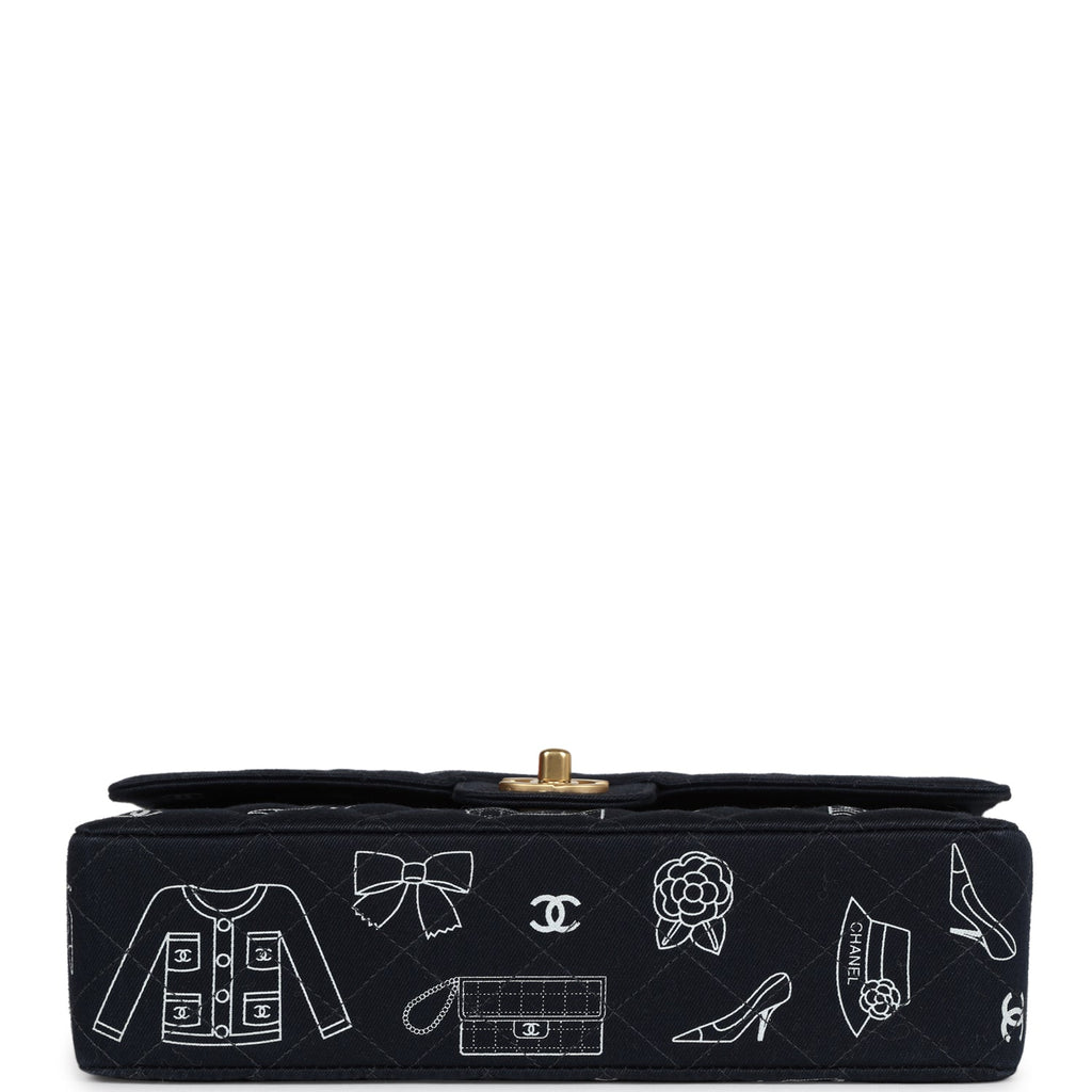 New Chanel Medium Icon Print Double Flap Bag Navy Canvas Brushed Gold Hardware