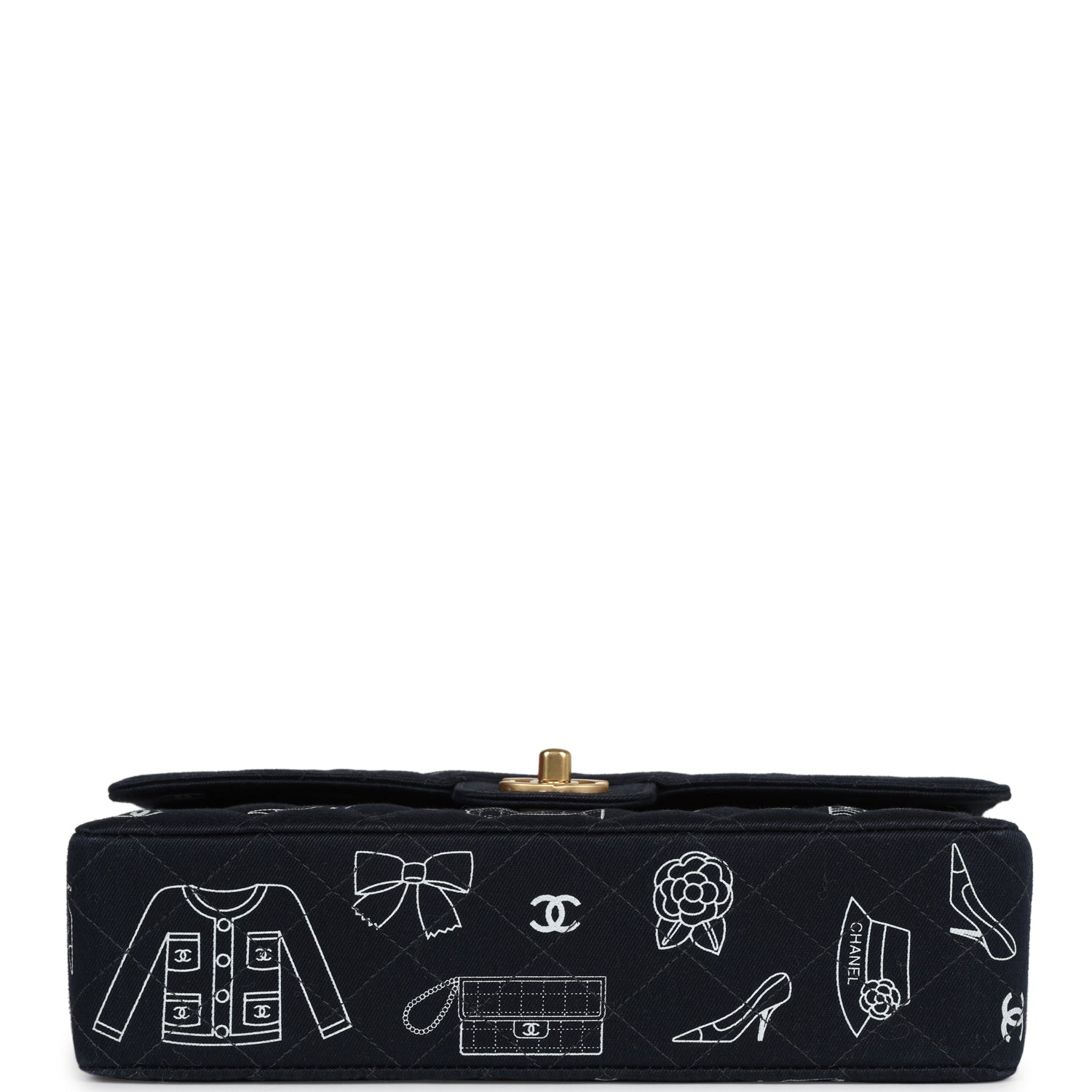 New Chanel Medium Icon Print Double Flap Bag Navy Canvas Brushed Gold Hardware