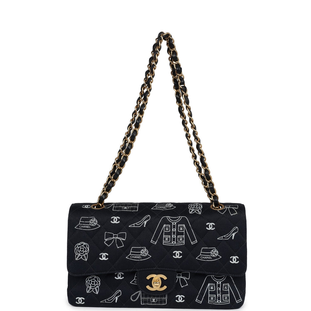 New Chanel Medium Icon Print Double Flap Bag Navy Canvas Brushed Gold Hardware