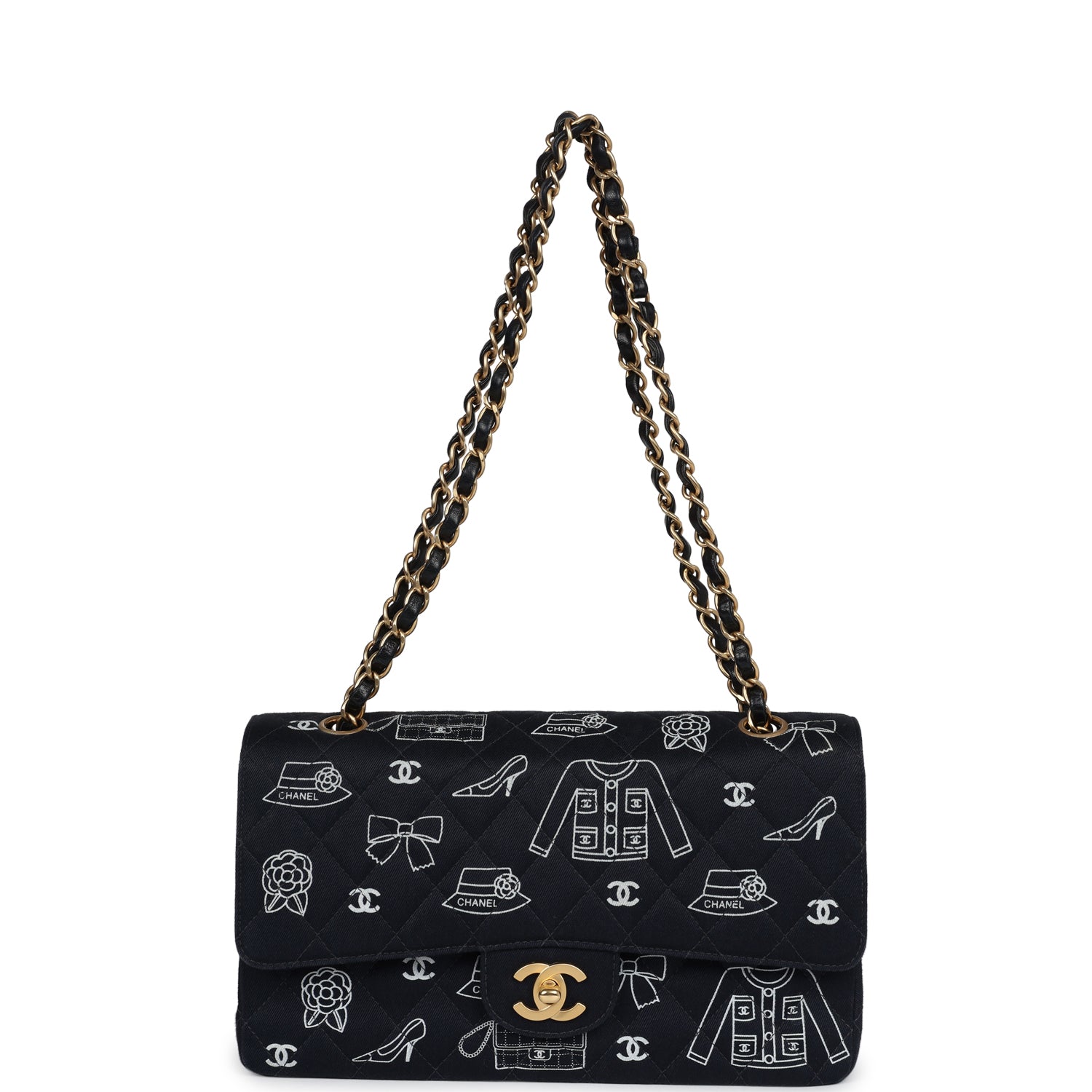 New Chanel Medium Icon Print Double Flap Bag Navy Canvas Brushed Gold Hardware
