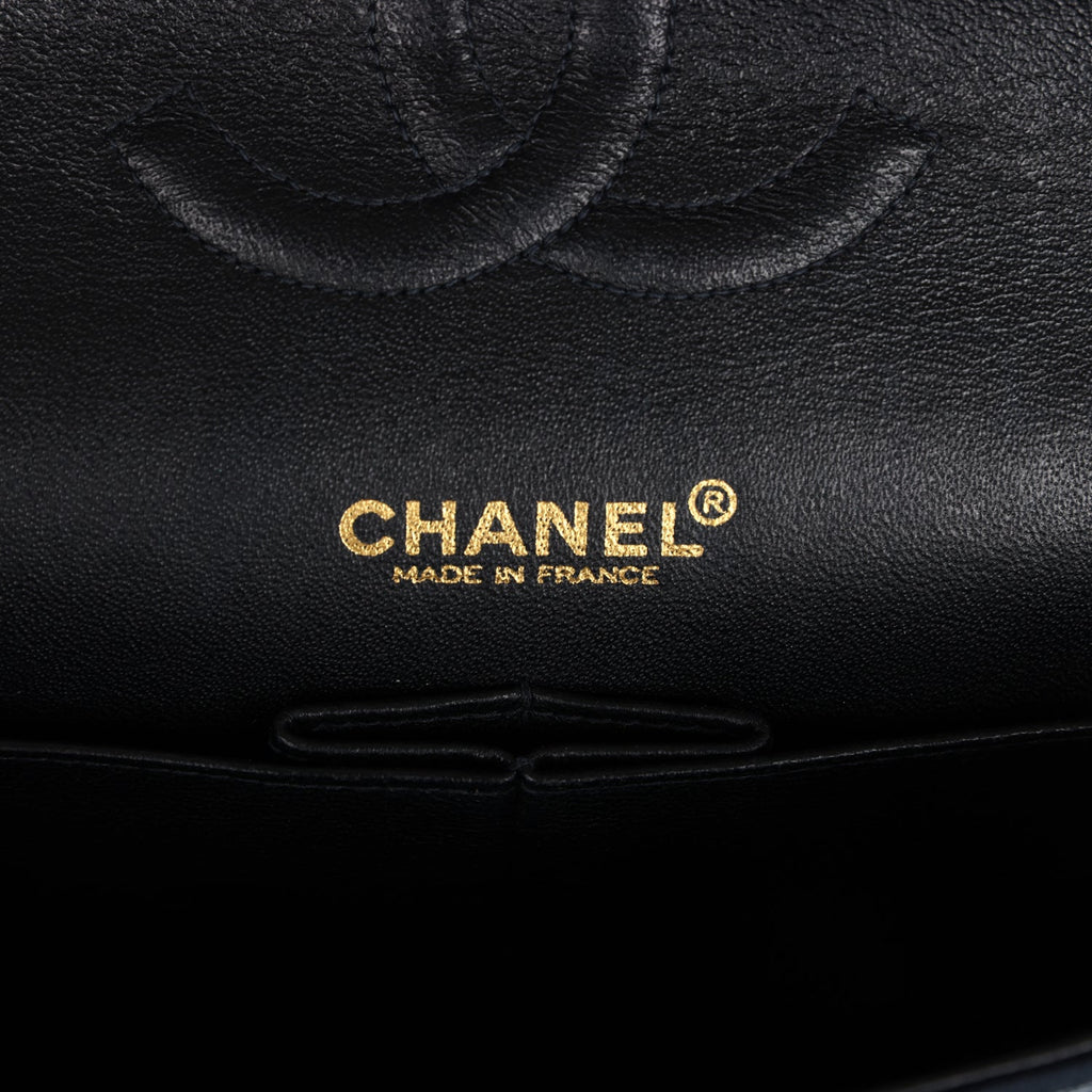 New Chanel Medium Icon Print Double Flap Bag Navy Canvas Brushed Gold Hardware