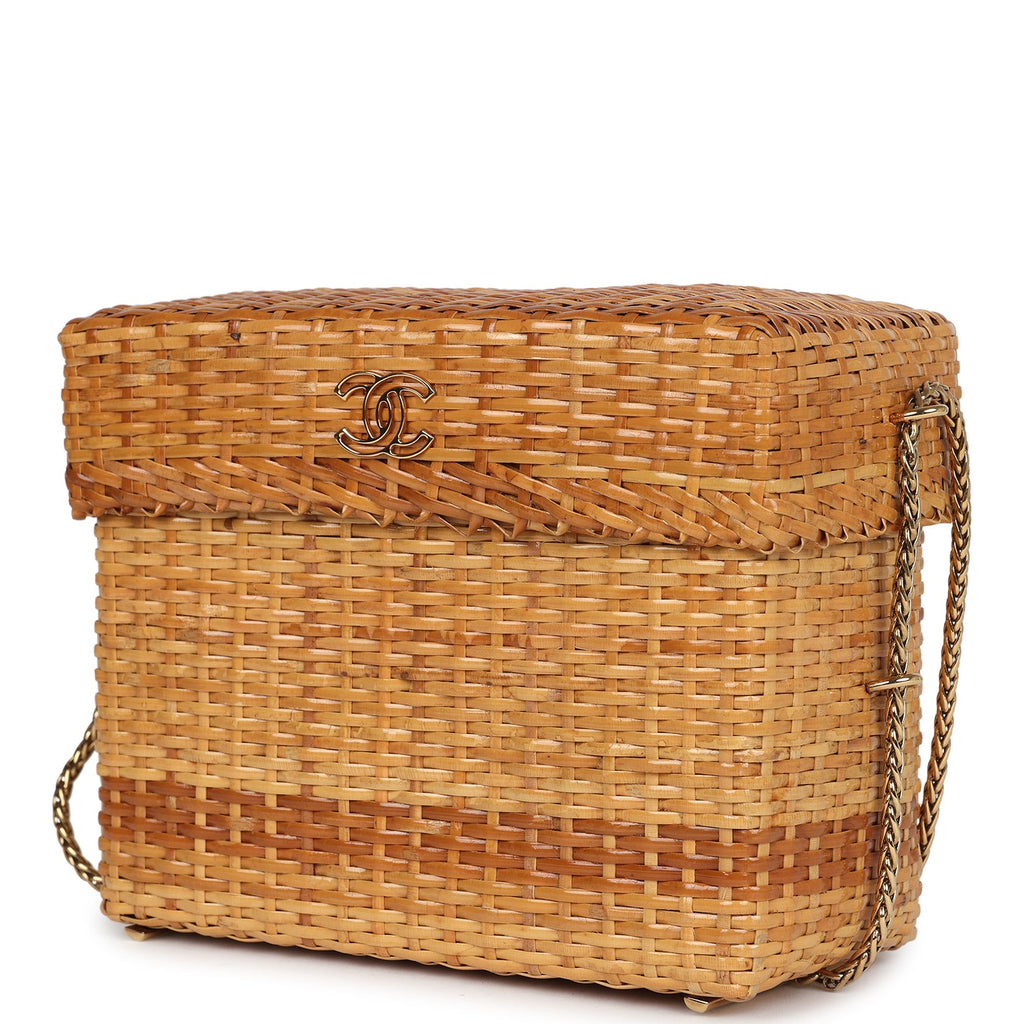 New Chanel Small Picnic Basket Bag Natural Wicker Gold Hardware